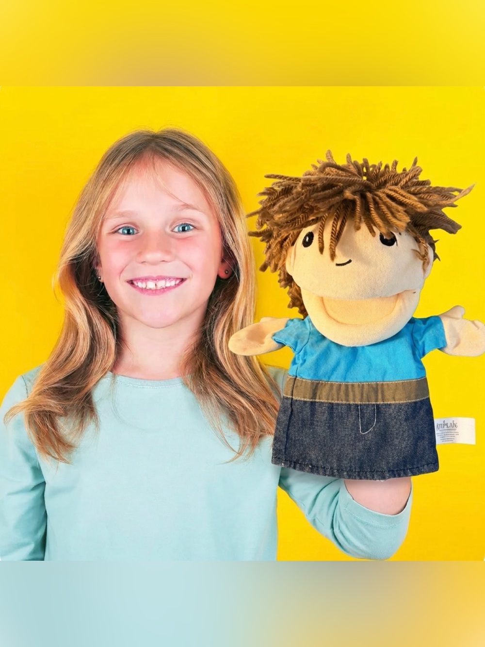 Kaplan Boy Hand Puppet Doll Blue Shirt Denim Skirt Brown Yarn Hair 12”